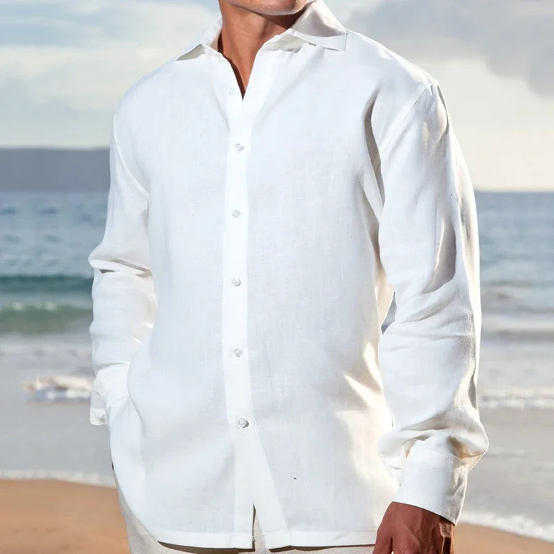 Autumn Cotton Linen Shirts For Men Casual Long sleeved Shirts Blouses Solid Turn-Down Collar Formal Beach Shirts Male Clothing 240808