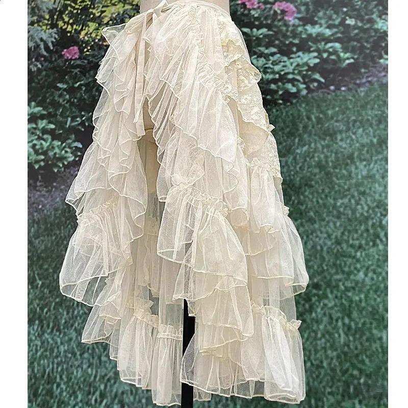 Double Layered Lolita Waist Curtain Sheer Cover Up High Low Skirt w. Asymmetrical Ruffles 240809