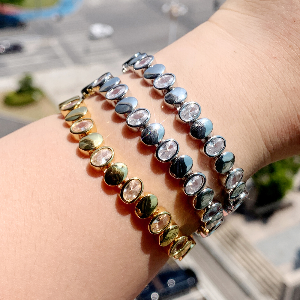 Micro Pave CZ Bezel Oval Shaped Beaded Chain Stretchy Stretch Tennis Bracelet for Women Geometric Classic Luxury Jewelry 2024