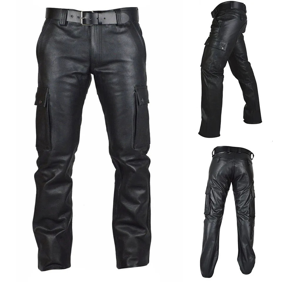 Mens punk PU leather straight pants ultrathin suitable for motorcycle mens Trouser Treedy streetwear casual cargo with pockets 240808