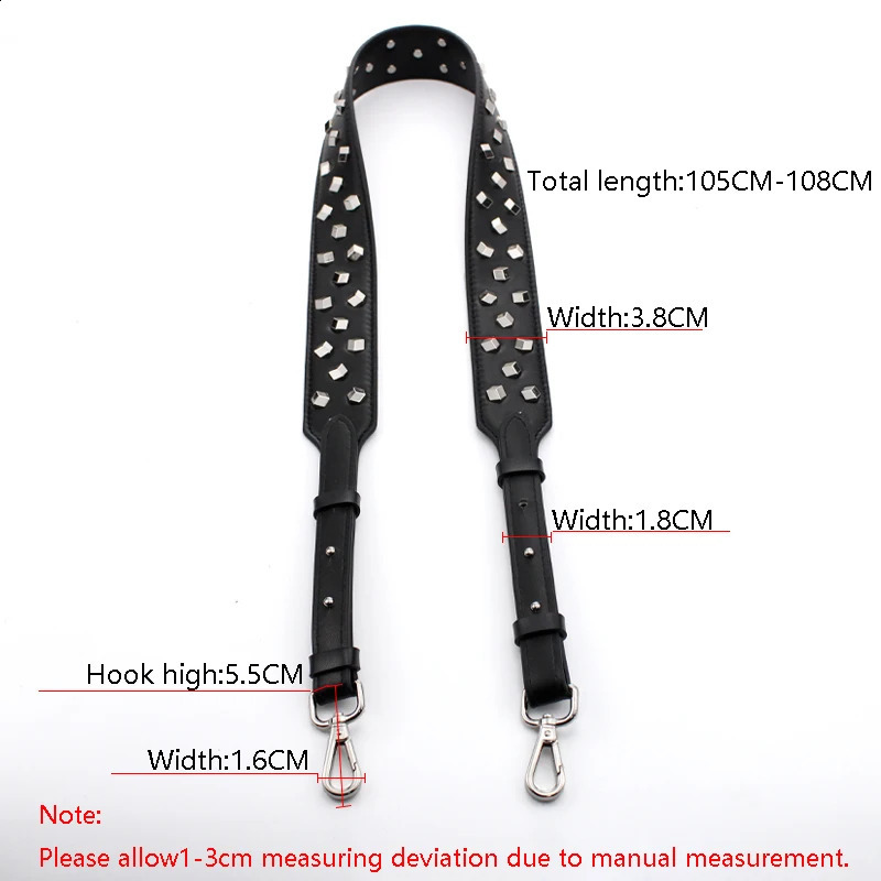 TINBERON Bag Strap For Genuine Leather Adjustable Wide Crossbody Strap Fashion Metal Rivets Bag Accessories Belt Shoulder Straps 240808
