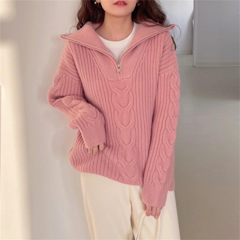 Autumn new lapel lazy style pullover solid color sweater women wear loose Fried Dough Twists knitwear women's blouse thickened dongdumaoyi