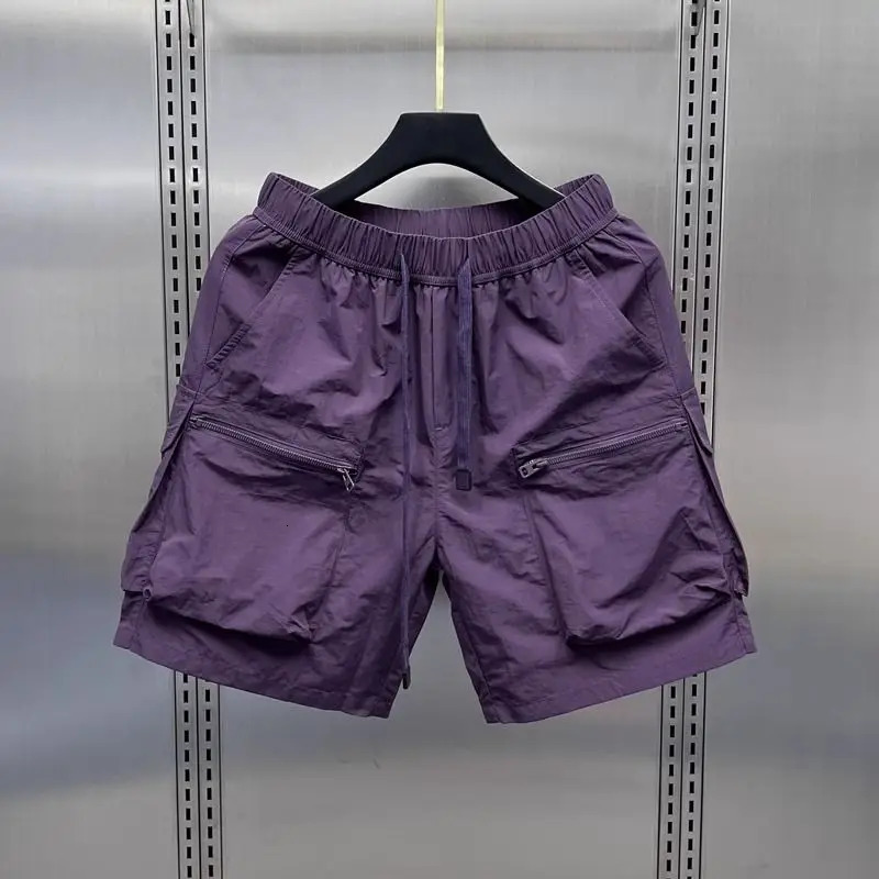 Mens retro multi pocket cargo shorts summer thin and loose straight casual jacket hat solid color drawstring shorts240808