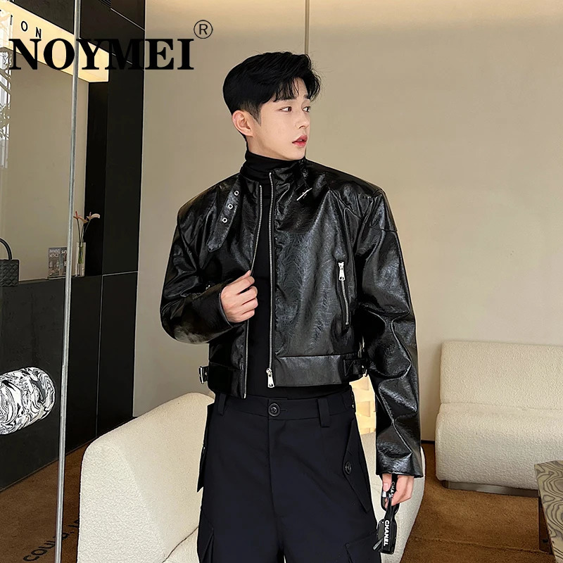 NOYMEI jacket silhouette shoulder pad zipper PU leather buckle stand up collar rubber pattern jacket autumn 2024 WA2811240808