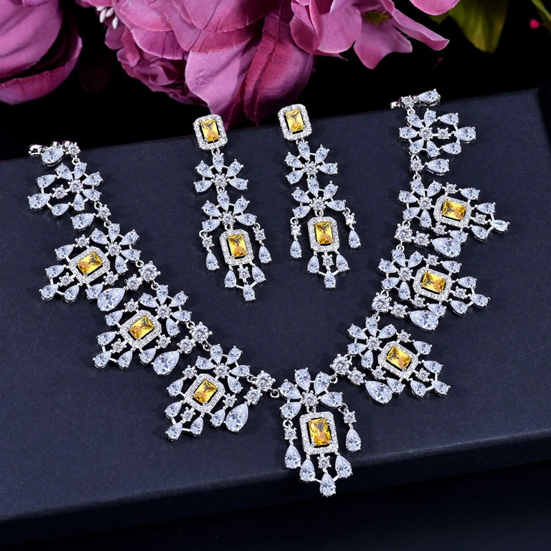 ANGELCZ Exclusive Dubai Bridal Clothing Jewelry Set Womens Yellow Cubic Zirconia Tassel Square Pendant Necklace Earrings AJ199 240805