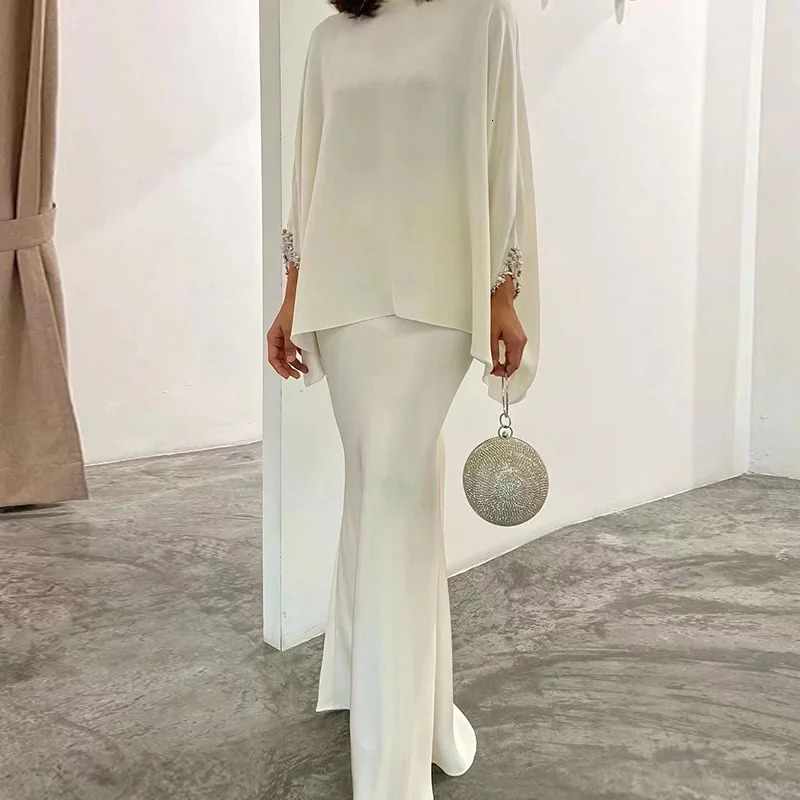 High Fashion Commuting Satin Set Elegant Batwing Sleeve Tops Blouse Slim Long Skirt Outfits Women Casual Loose Two Piece Suits 240809