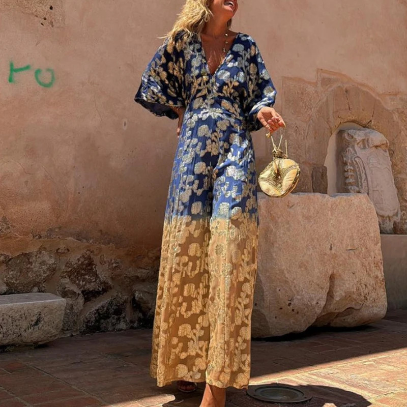Casual Printed Patchwork Long Pants Jumpsuit Summer Lady V Neck Half Sleeved Loose Playsuit Fashion High Waist Boho Romper 240808