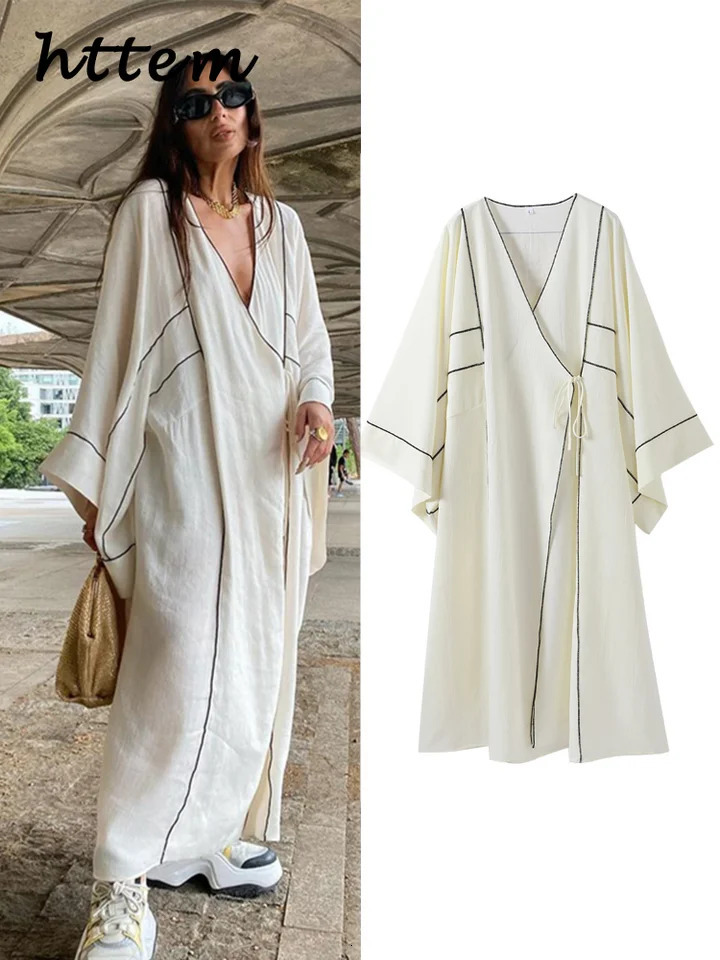 Loose Print Lace Up Maxi Dress Women Fashion White V-neck Long Sleeve Female Dresses Summer Casual Lady Contrast Dubai Robe 240808