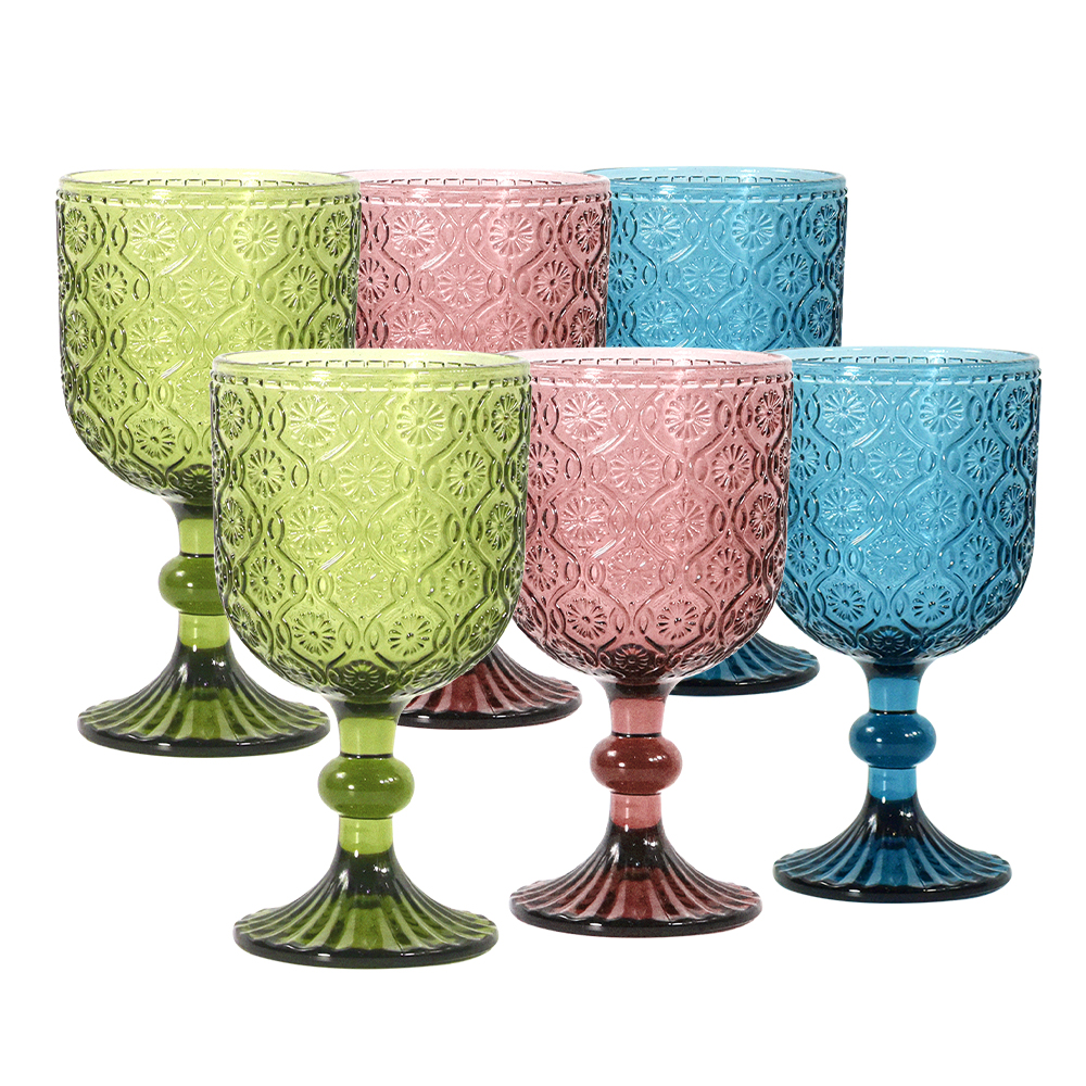 Wholesale 240ml wine glasses 12oz Vintage Pattern European embossed stained lamp thick goblets for Party Wedding Haitang Flower Style
