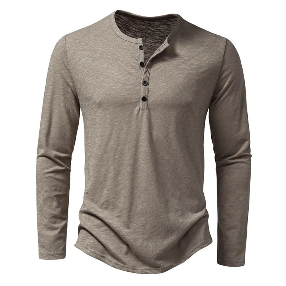 Mens cotton button Henry collar shirt long sleeved casual solid color fashionable Tshirt 240808