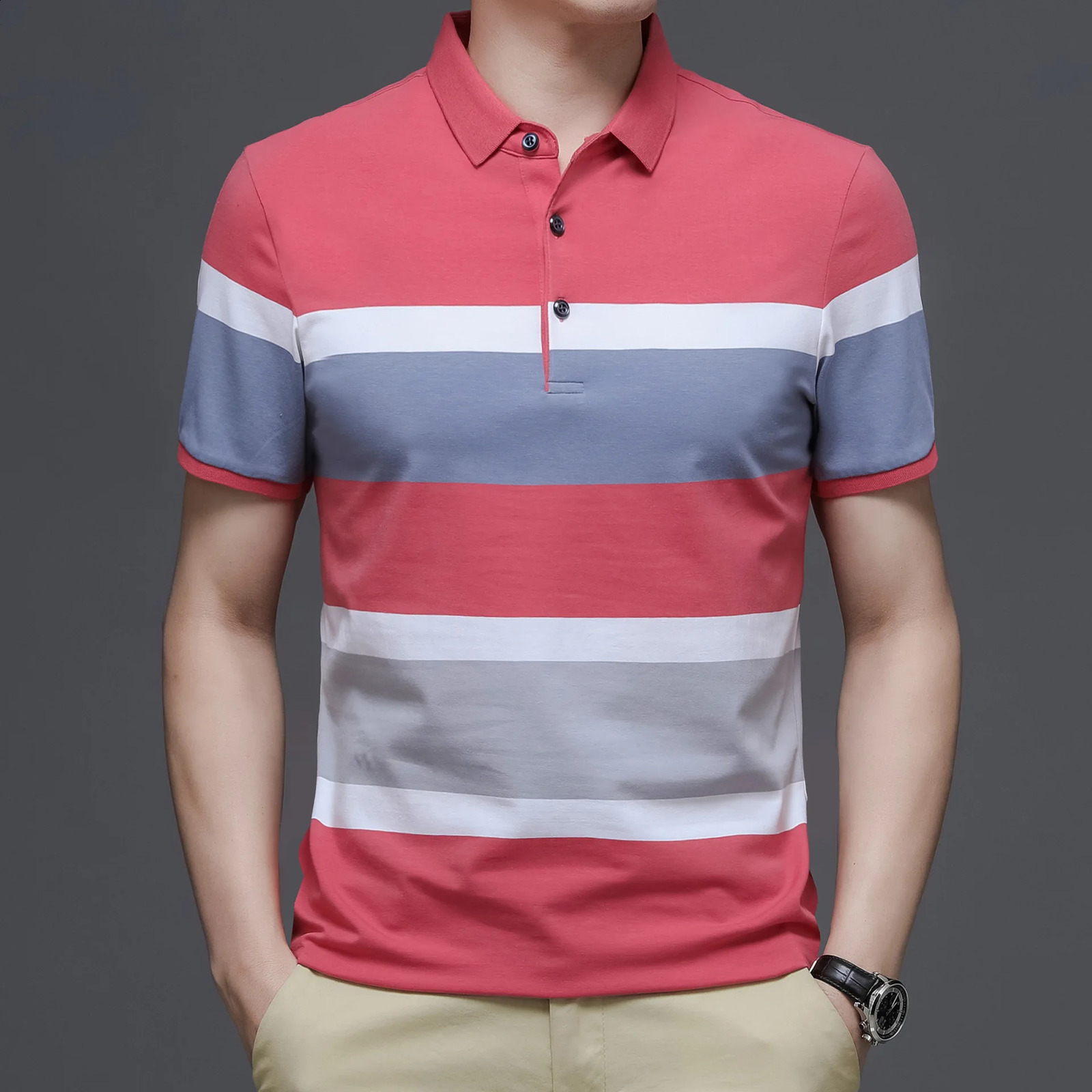 Mens Polo T Shirt Business Casual Simple Stripes Print Summer Short-Sleeve Polo Shirt Fashion Street Wear Oversized Clothes i240816