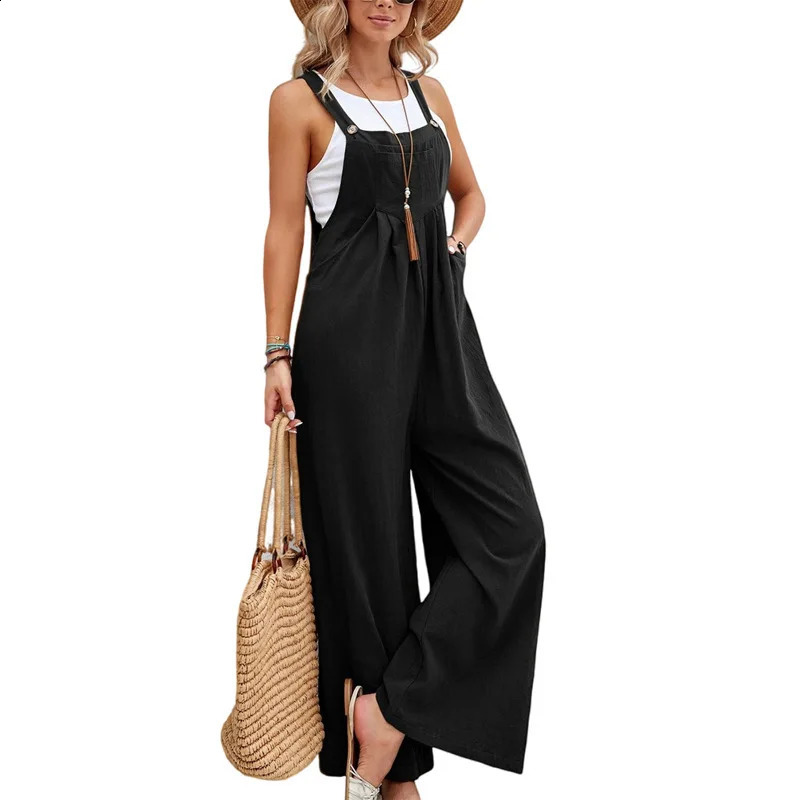 Summer Women Sleeveless Rompers Loose Jumpsuit Casual Backless Overalls Trousers Wide Leg Pants 240809