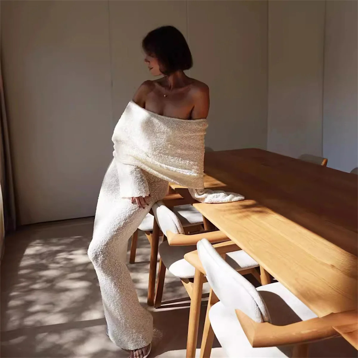 Sexy Knitted Long Dress Elegant Womens White Shoulder Body Hollow Outer Crochet Wedding Guests Beach 240809