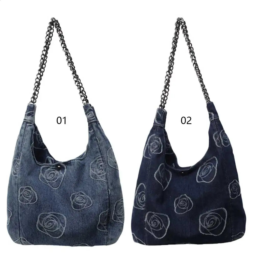 Women Denim Stylish Shoulder Purse Hasp Closure Fashion Shoulder Bag Chain Strap Retro Hobo Bag Rose Pattern Outdoor Travel Bag 240809
