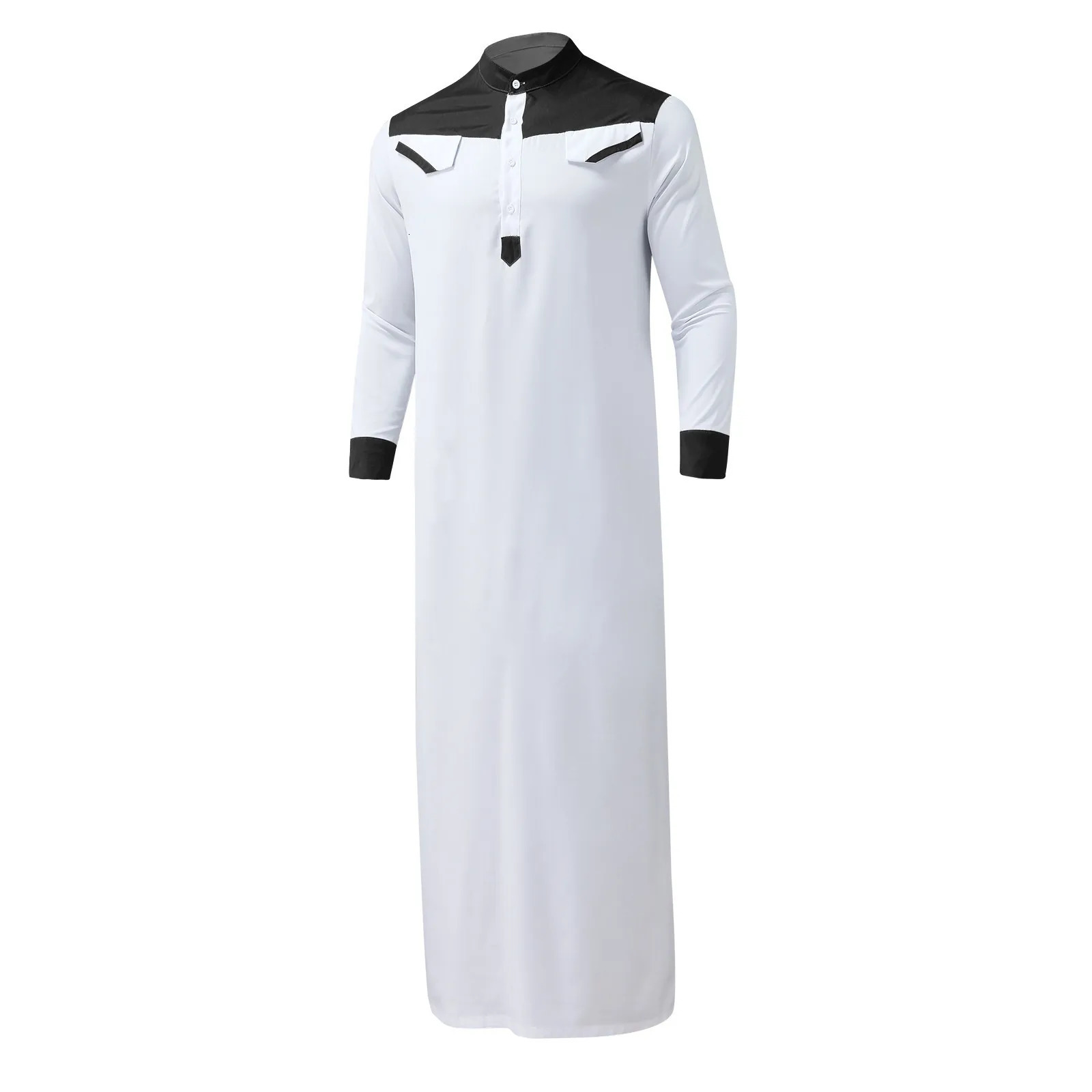 Traditional Muslim Clothing Contrast Color Dress Middle East Juba Thobe Mens Robe wLong Sleeve Mandarin Collar 240808