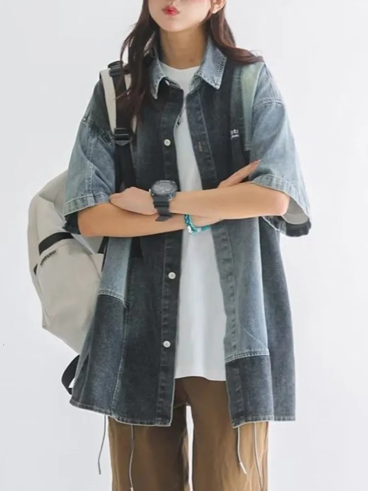 Summer retro Japanese style short sleeved shirt patchwork denim street hip-hop single chest cardigan mens fashion top240808