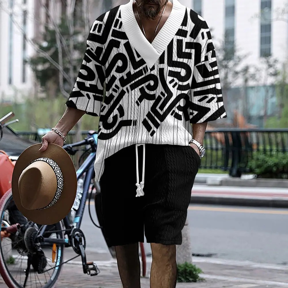 2024 Summer 3D Printed Loose Size Casual Style Plus Vneck Knitted Mens Tshirt Two Piece Set y240809