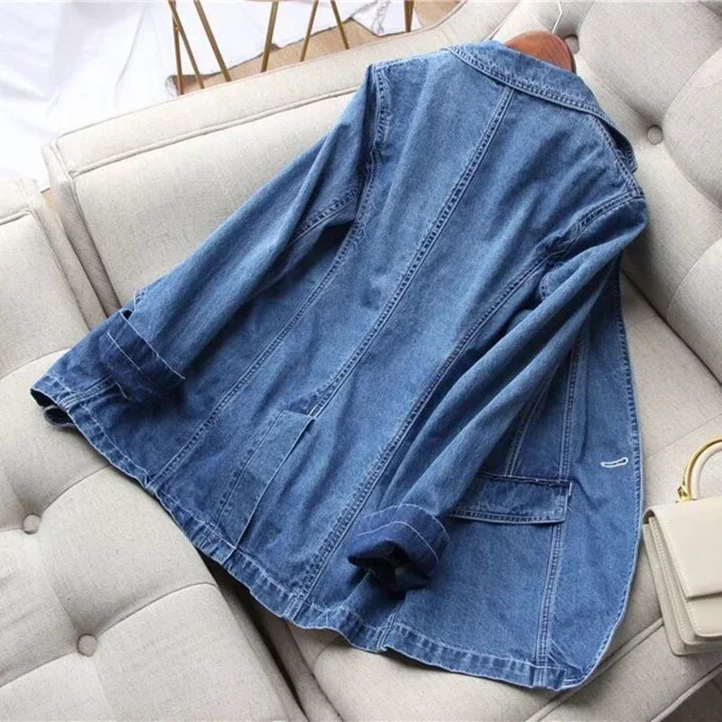 Vintage Suit Women Jeans Jacket Casual Tops Loose Short Denim Blazer Outwear Female Cowboy Basic Coat Spring Autumn 240808