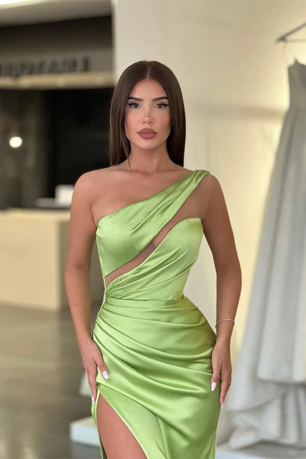 Saudi Arabic Green Evening Dresses Satin One Shoulder Long Women Prom Gowns Formal Party Dress Leg Slit Robes De Soiree