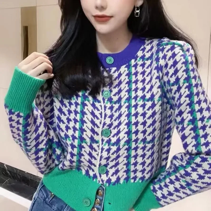 European Goods Colored Thousand Birds Knit Cardigan Women Autumn And Winter Round Neck Fashion Retro Short Sweater Tops 240809