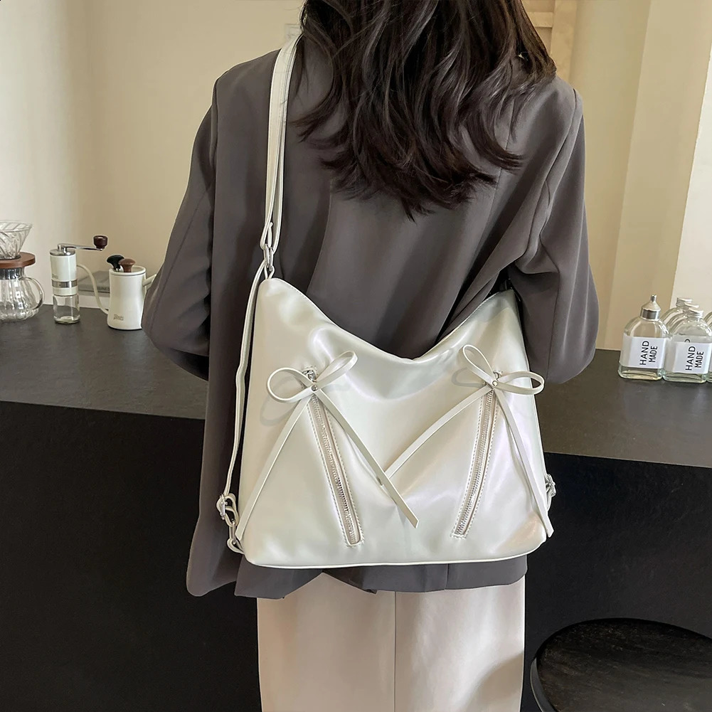 Cute Bow Underarm Bag PU Leather Trendy Crossbody Bag Solid Color Casual Daypack with Zipper Satchel Purse for Women 240809