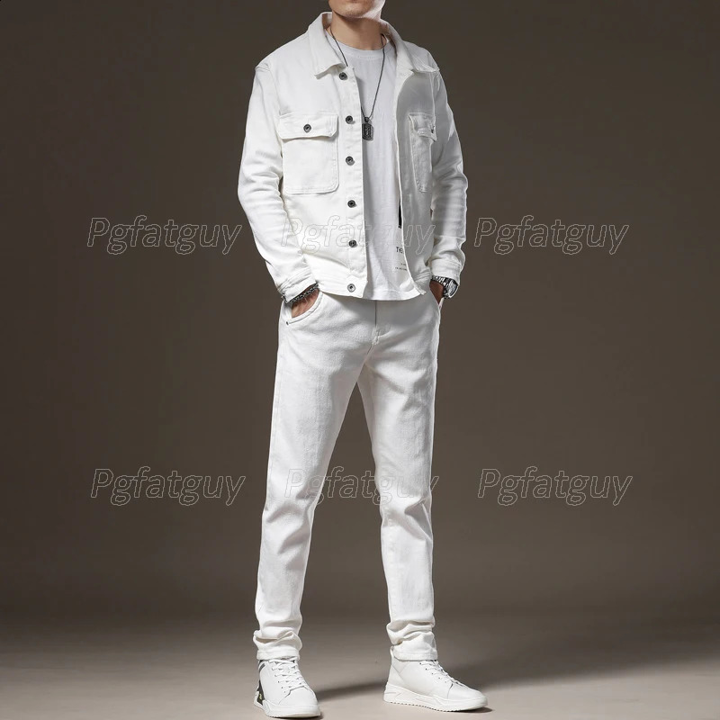 Business and leisure 2piece mens pants set for spring simple white long sleeved denim jacket jeans fashionable ultrathin couple 240809