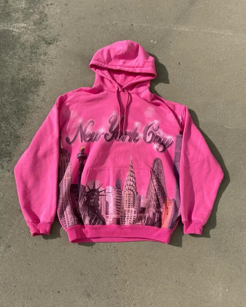 Statue of Liberty lettering print pink oversized hoodie for women 240809
