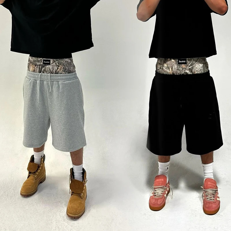 Casual Baggy Men Women Clothing Y2K Embroidered Camouflage Double Waist Shorts Harajuku Sweatpants Basketball Streetwear 240810