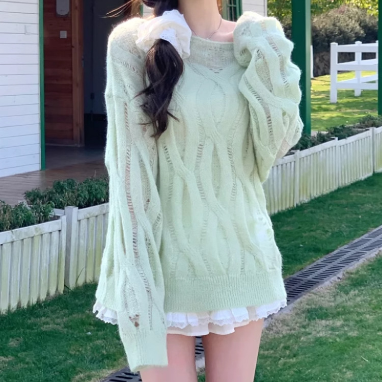 Lazy hollow out pullover knitted for women, early autumn mint mambo style hooded sweater, loose sweater design sense top dongdumaoyi