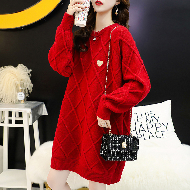 Red Christmas for women, medium to long, thick lazy style, loose and heart-shaped pullover, knitted sweater trend dongdumaoyi