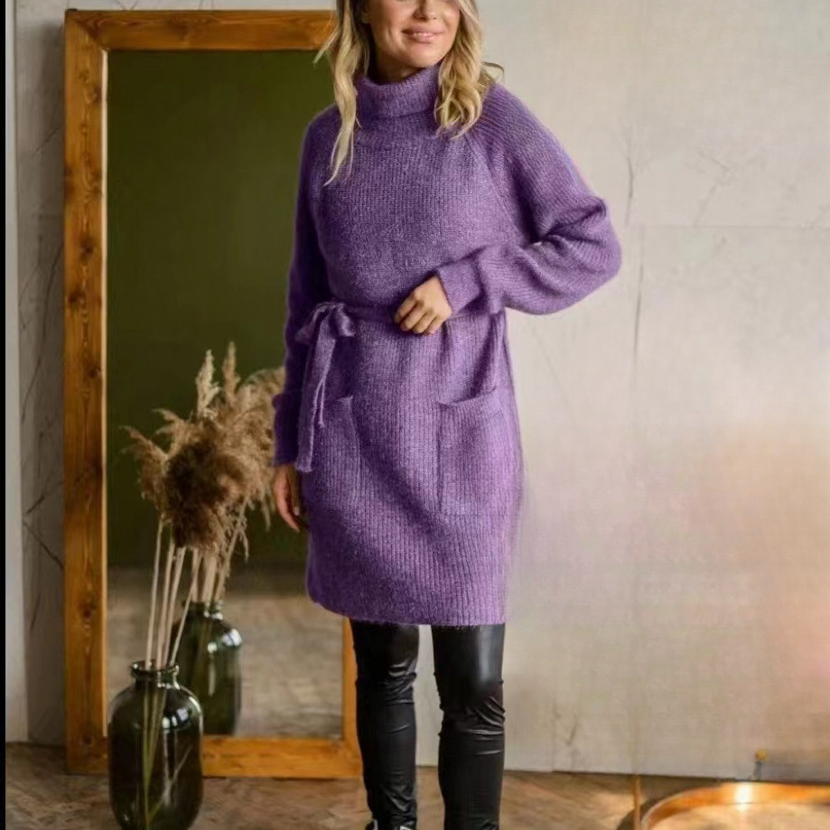 Women's mid to long length strap dress, solid color high neck pocket pullover knit sweater, women's 2024 autumn/winter new collection dongdu