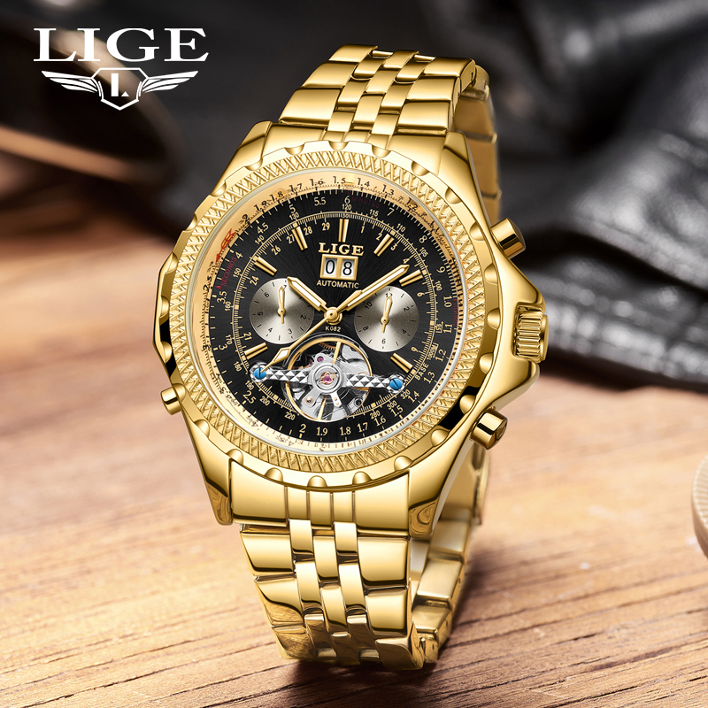 LIGE Youth fashion Mechanical Watch Men's waterproof watch Holiday Gift Luxury brand watch Multi-functional mechanical watch Calendar week