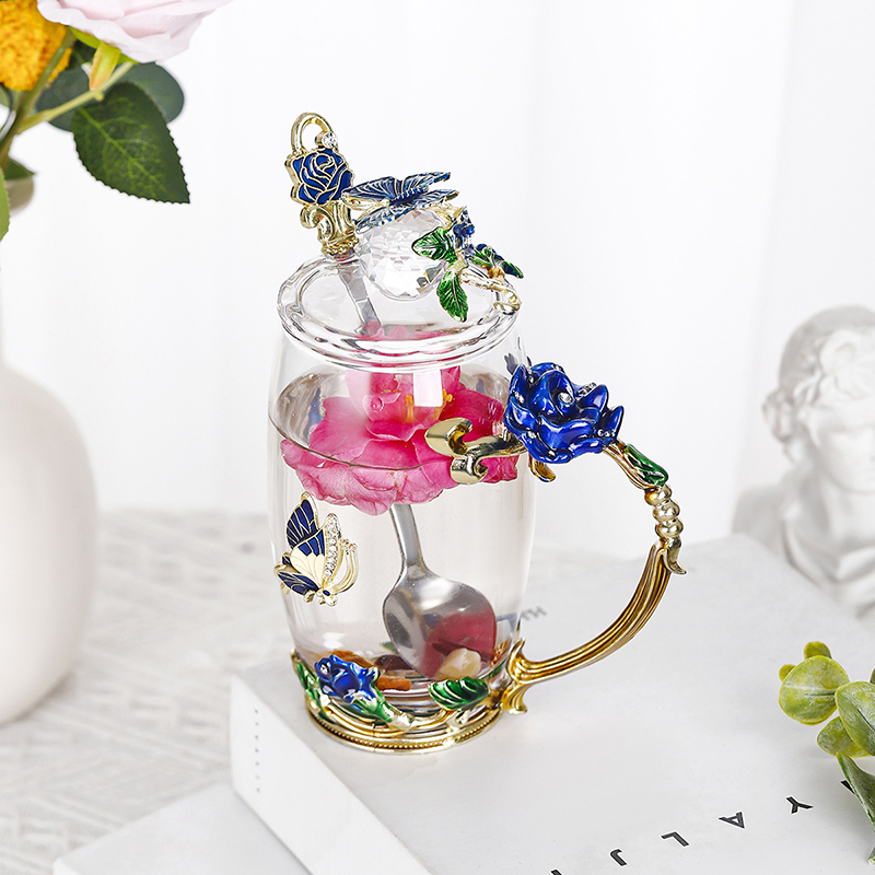 Rose coffee cup Round enamel color water cup high temperature resistant crystal glass light luxury transparent tea cup