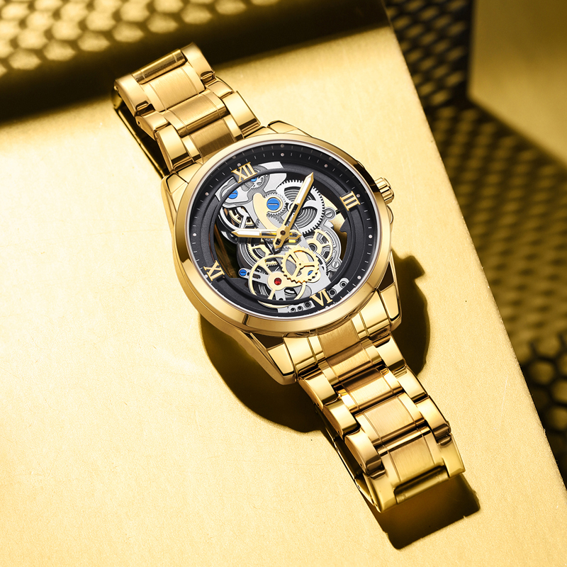 LIGE Men's hollow quartz Watch Personalized hollow dial design Men's classic traditional watch Stainless steel strap men's casual water
