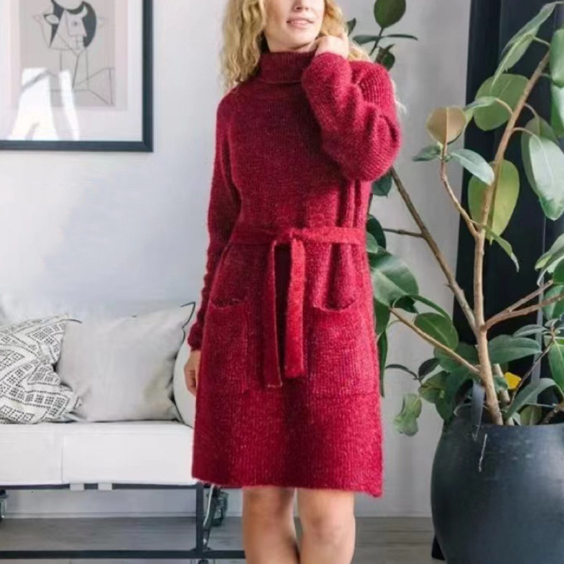 Women's mid to long length strap dress, solid color high neck pocket pullover knit sweater, women's 2024 autumn/winter new collection dongdu