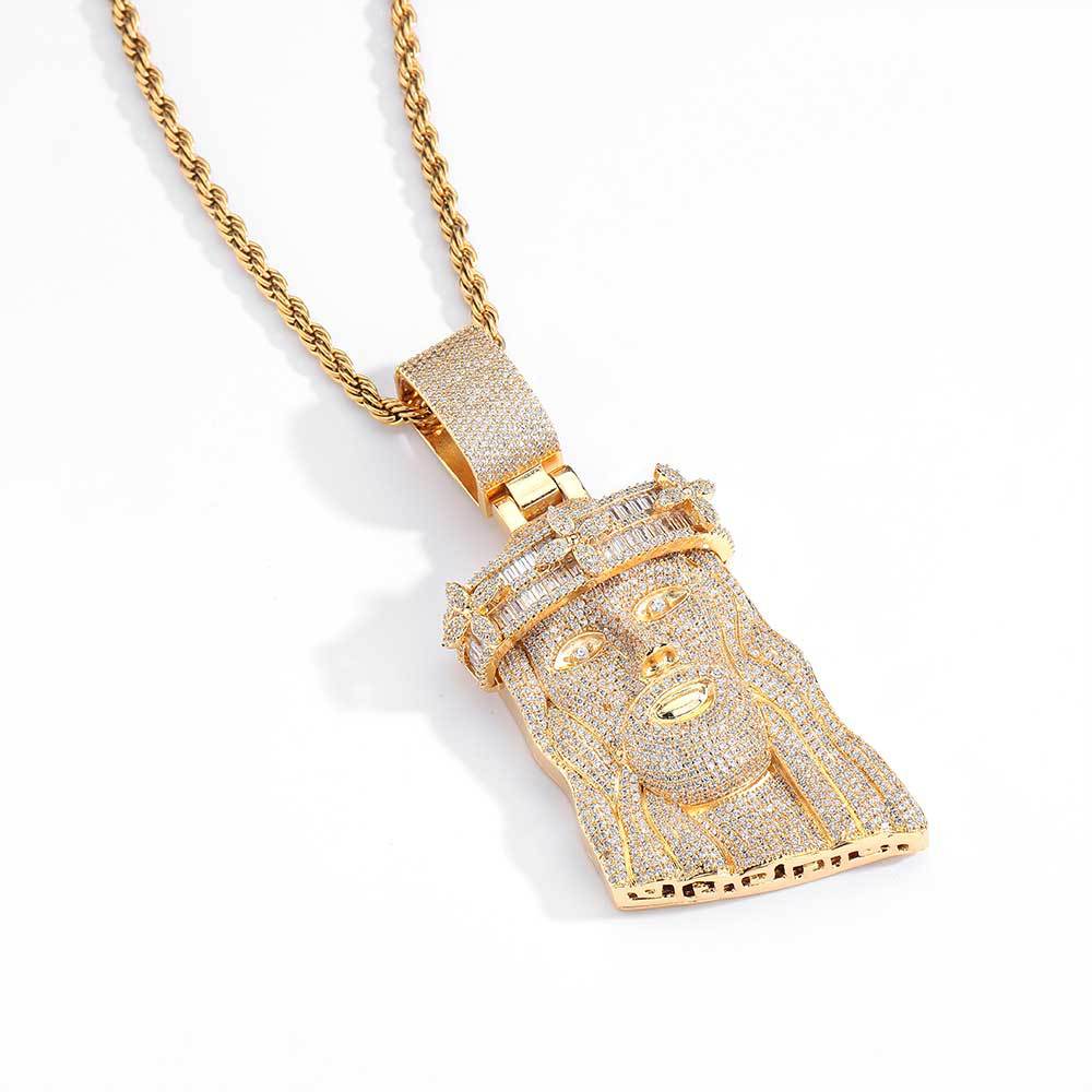 Hip Hop Jesus Face Pendant Necklace T Square Zircon 18k Real Gold Plated Mens Jewelry