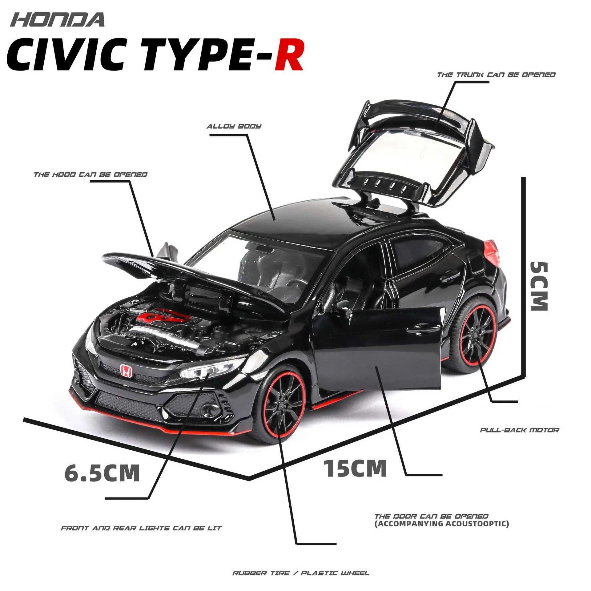 1/32 Honda Civic Type R Toy Car For Children Diecast Miniature Model Pull Back Doors Openable Sound Light Collection Gift Boys Y240809
