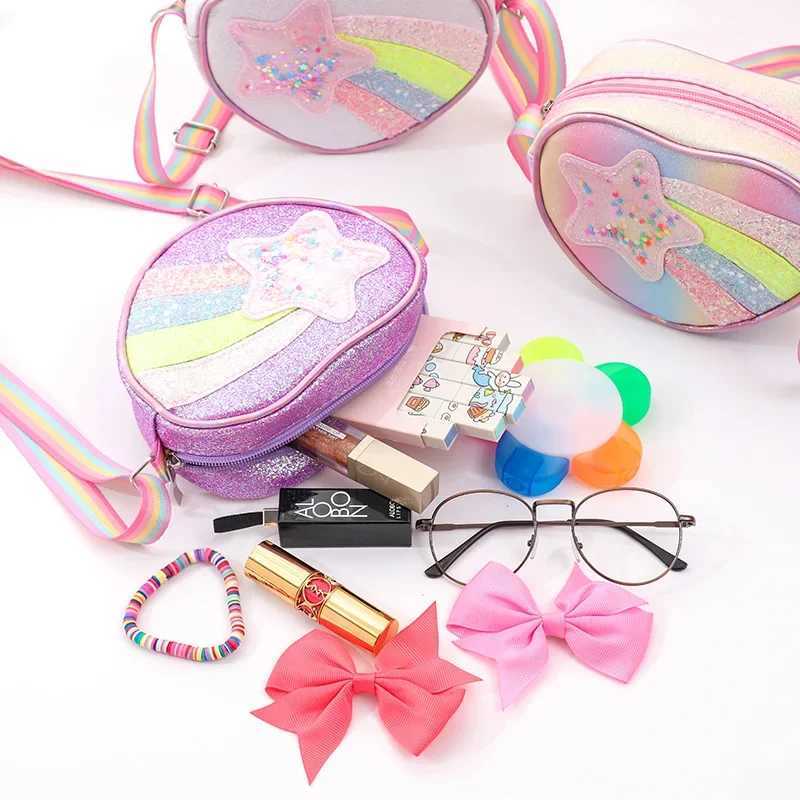 Girls Heart Shape Mini Bag Rainbow Glitter Waist Bag New Kid Shoulder Bag Cartoon Rainbow Sequin Bags Toddler Princess Purse Y240809