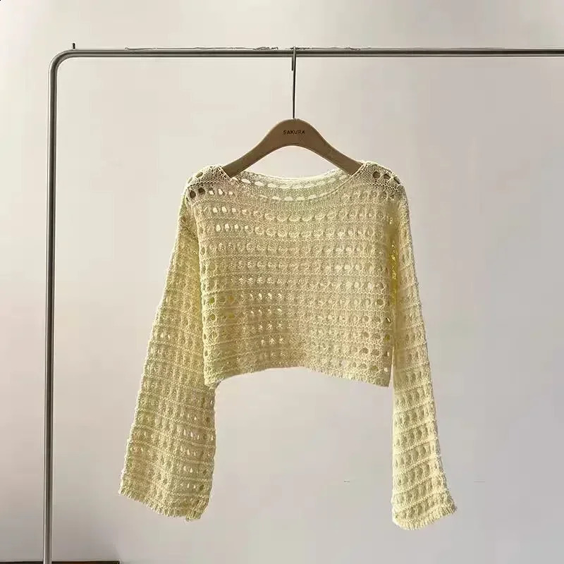 Y2K Long Sleeve Crochet Knit Top Summer Beach Bikini Cover Up Crop Pullover Wool Knitwear Blouse Women Vacation Boho Outfit 240824