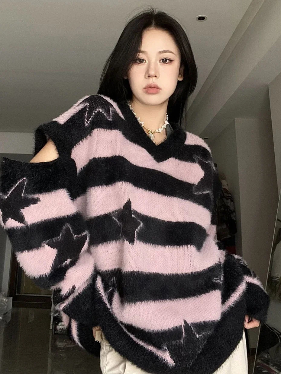 Y2K Harajuku Mall Goth Striped Sweater Women Streetwear Emo Alt Fairy Pentagram Removable Sleeve V-neck Loose Warm Knitwear 240812