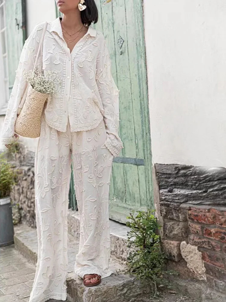 Loose Embroidery Print Pants Set Women Elegant Solid Lapel Long Sleeve Shirt Two Pieces Sets Spring Chic Female Streetwear 240809