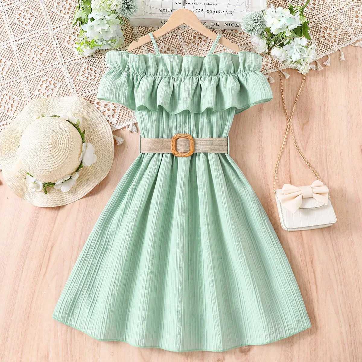 Girls casual dress single line shoulder strap patchwork lace dress childrens clothing girls aged 8 to 12 princess dress W250326