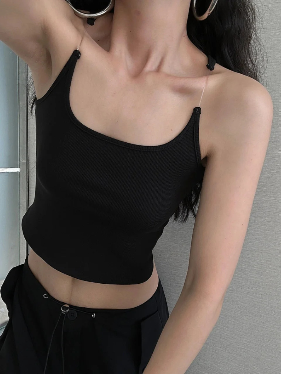 Womens ribbed invisible shoulder strap vest top Cropped Camis 240809