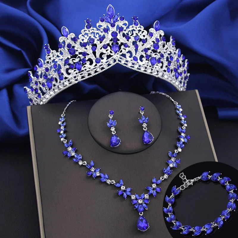 4-piece Lime Green Crown Jewelry Set Womens Fashion Tiaras Bracelet Earrings and Necklace Set Bridal Wedding Promotion Accessories 240805