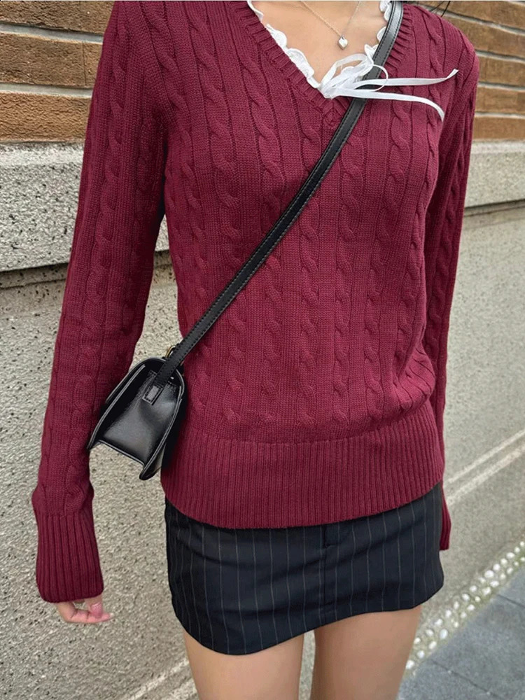 Solid Twisted Flower Knitted Sweater For Women Autumn Winter Cotton V Neck Slim Pullovers Tops Sweet Preppy Style Jumper Y2k 240812