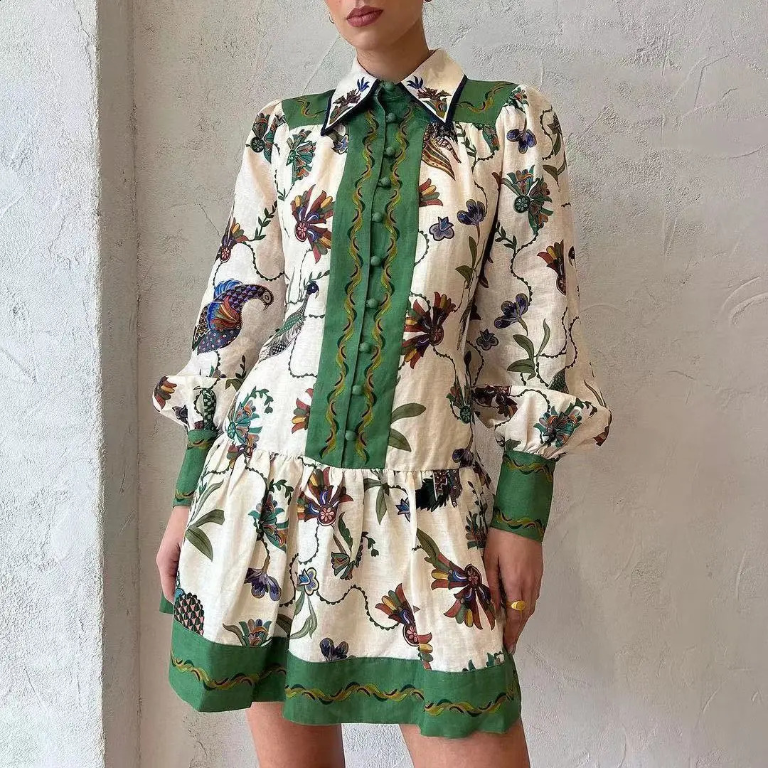 Long-sleeved Short Dress Flower Girl Floral Print Long-sleeved Lantern Sleeve Dress Lapel Graffiti Print Lace-up Dress For Women 240810