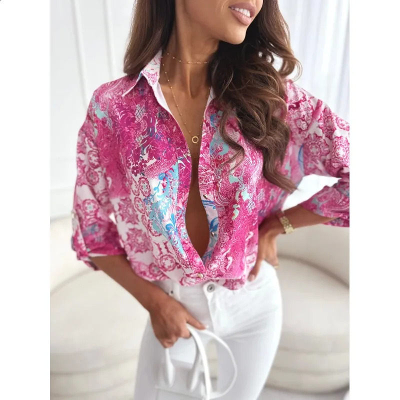 Womens SpringSummer Casual Printed Shirt Fashion Collar Button Elegant Long Sleeve Holiday Party 240809