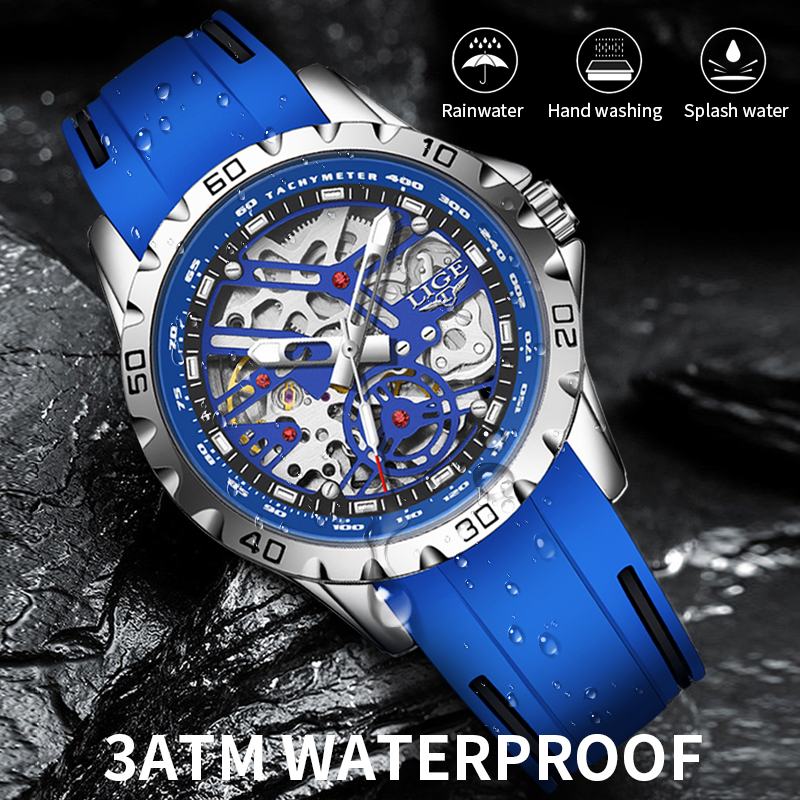 LIGE Youth fashion Mechanical Watch Men's waterproof watch Holiday Gift Luxury brand watch three pin mechanical watch