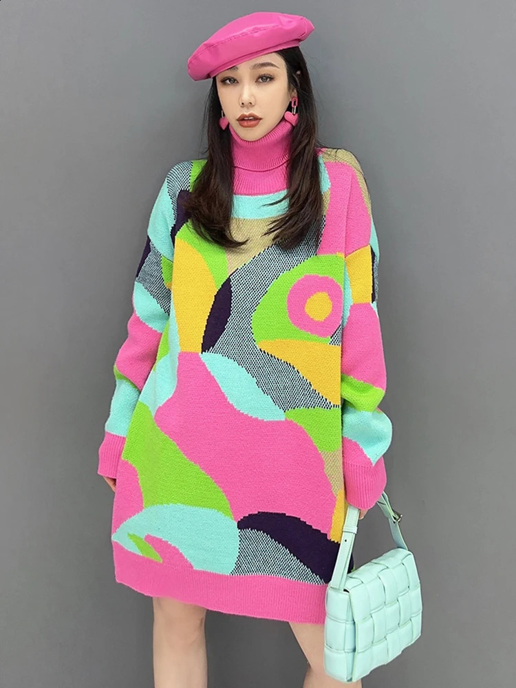SHENGPALAE Temperament Turtleneck Sweater For Women Autumn 2024 Contrast Color Full Sleeve Loose Knit Pullover Female 5R7665 240813