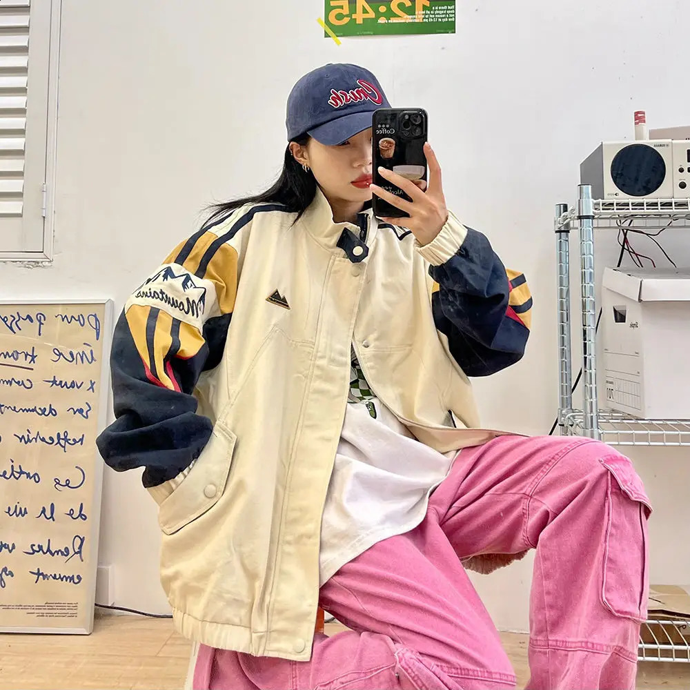 American Stand Collar Coat Men Autumn Harajuku High Street Colorful Punching Jacket Unisex Oversize Patchwork Baseball Uniform 240810
